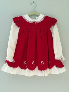 Girls Red Layered Lace-Trim Dress